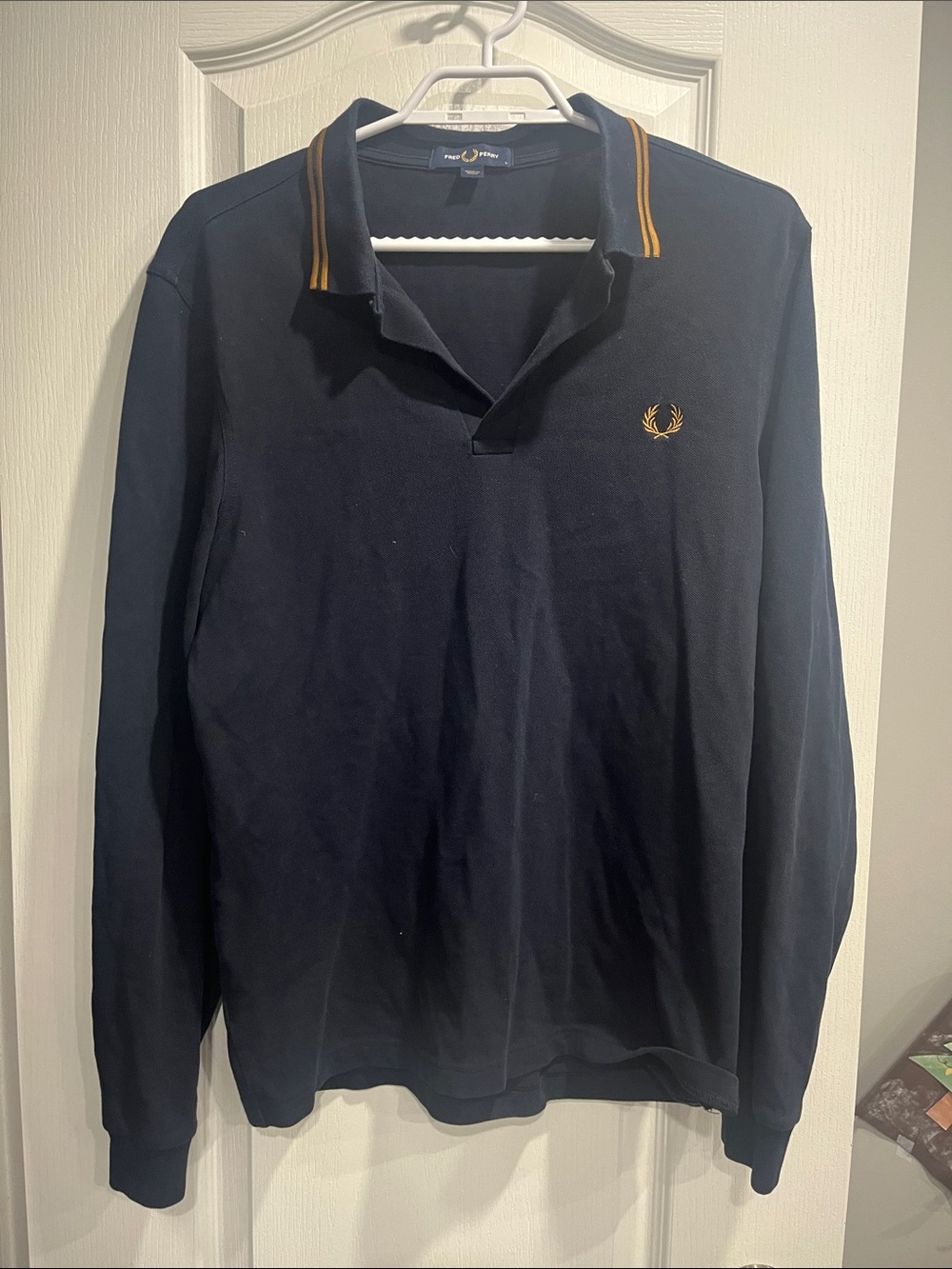 Fred Perry Navy Long Sleeve Polo with Gold Laurel and Collar Trim